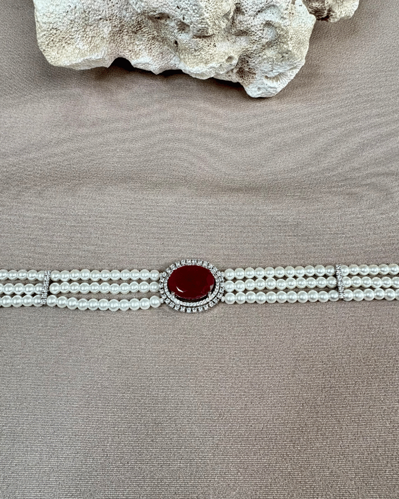Ruby Choker With White Bead Strings