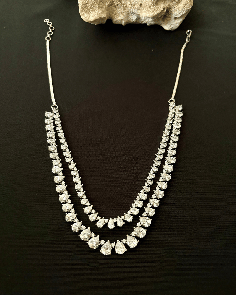 Double Line Marquise Stone Necklace | 18K White Gold Plating