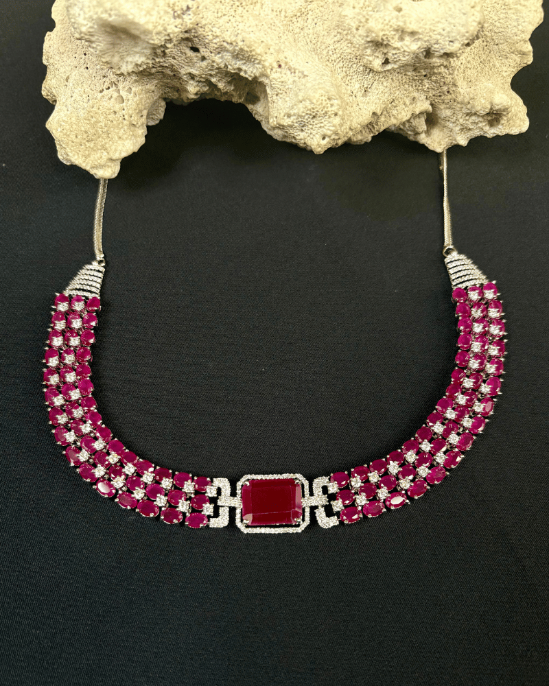 Ravya Ruby Necklace | 18K White Gold Plating
