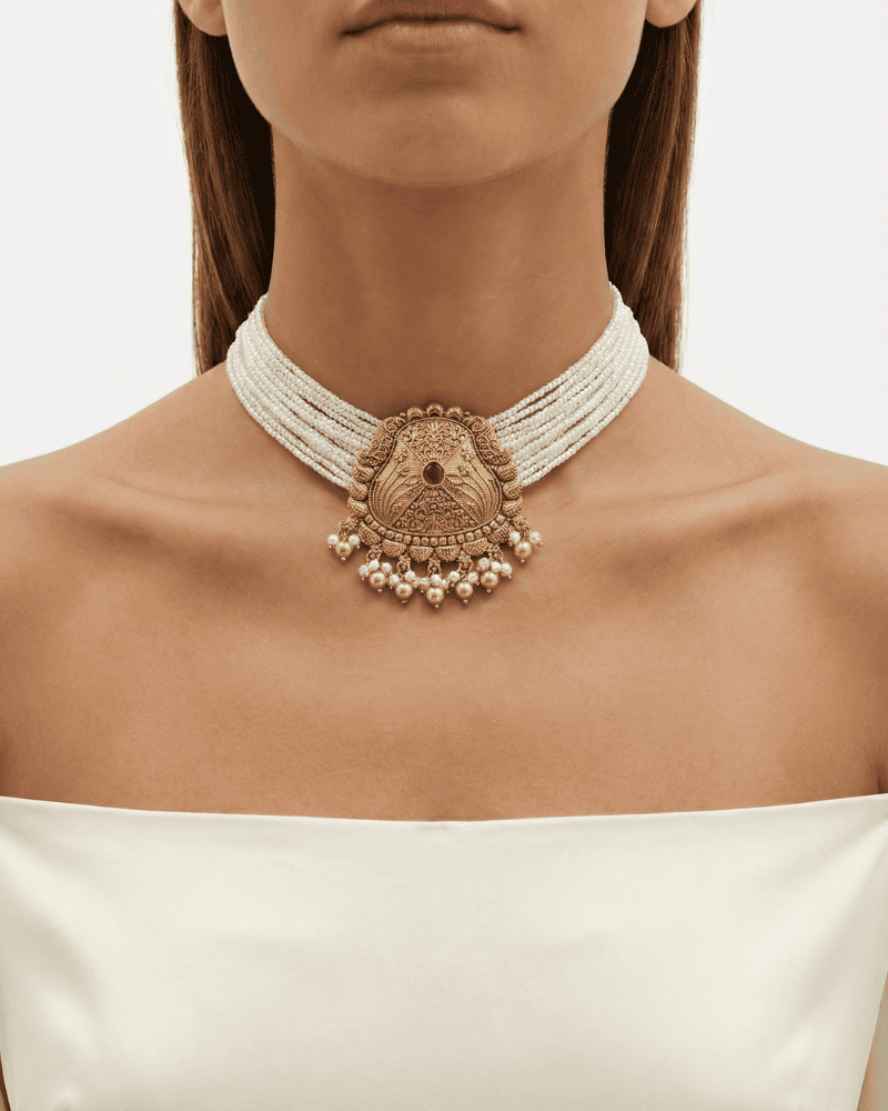 Harshini Golden Choker | White Moti Strings