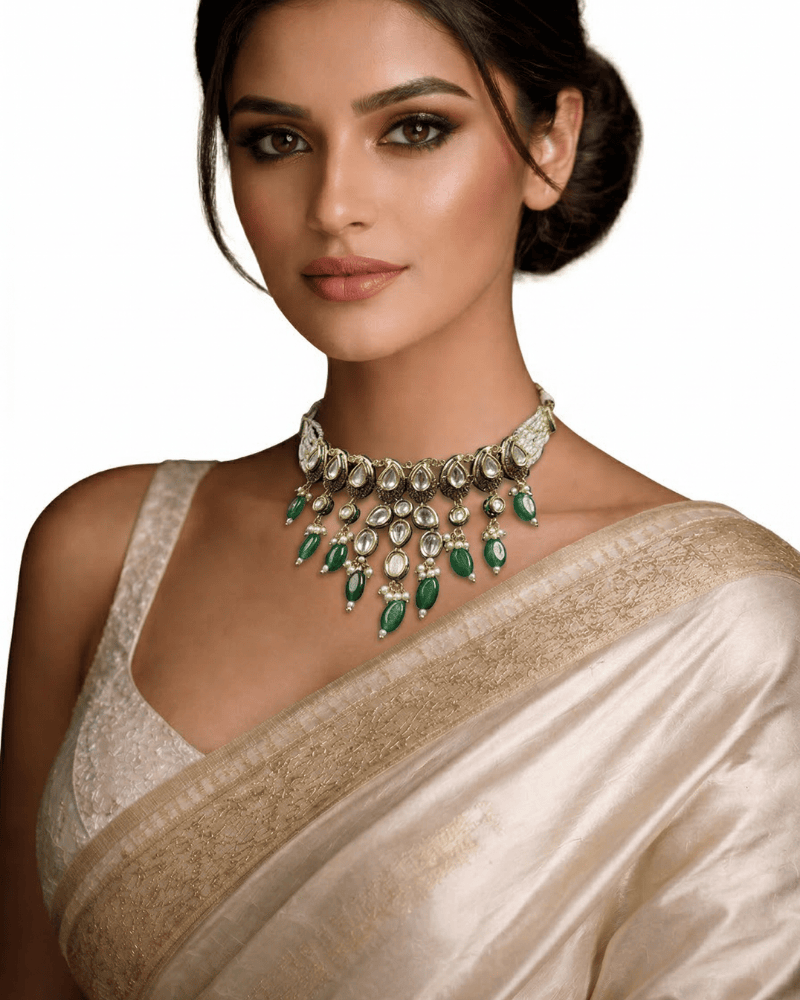 Rajvanshi Emerald Drop Kundan Choker | Mint Work | White Moti Strings