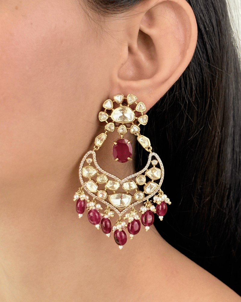Ruby Mahal Moissanite Chandbalis | Screw Back | 18K Gold Plating