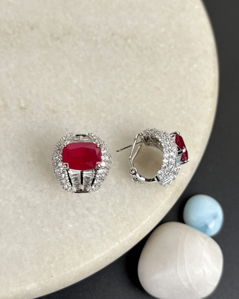 Raina Regal Ruby Crystal Studs | Rhodium Plating