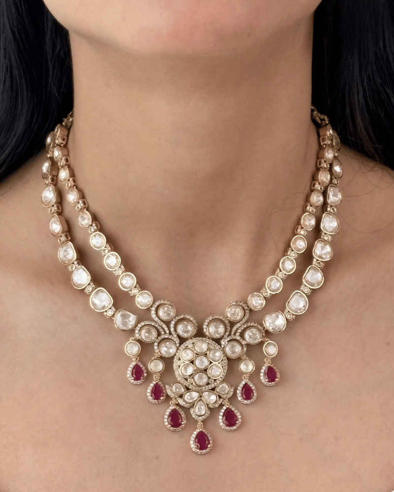 Manikya Ruby Double Layer Moissanite Haar | Screw Back | 18K Gold Plating