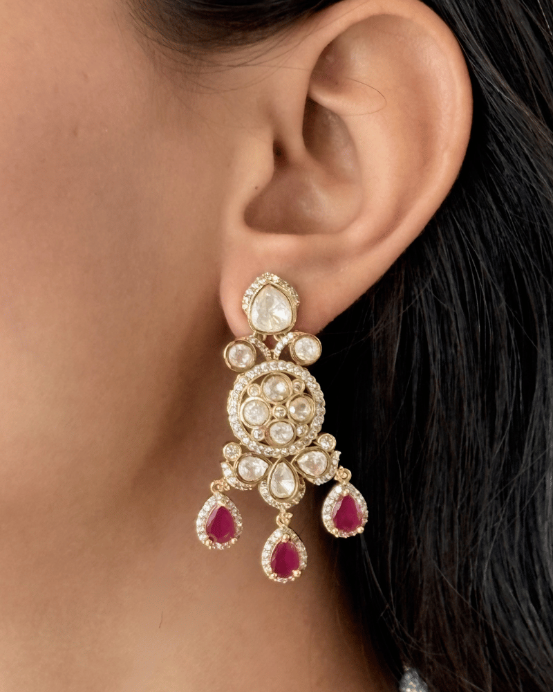 Manikya Ruby Double Layer Moissanite Haar | Screw Back | 18K Gold Plating