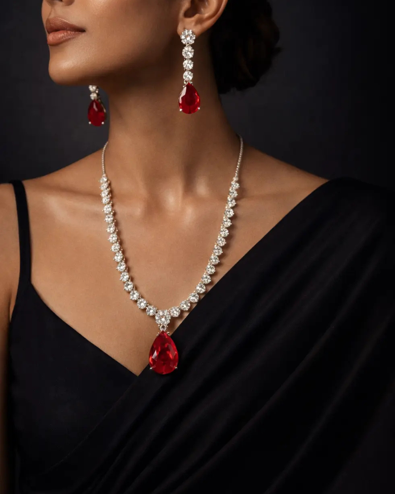 Ruby Drop In Single Line Solitaire Diamond Necklace