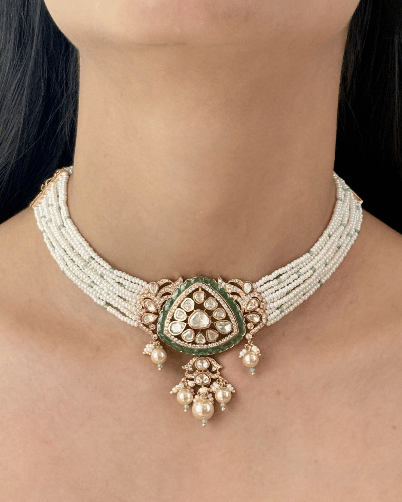 Moti Panna Emerald Moissanite Choker | Screw Back | 18K Gold Plating