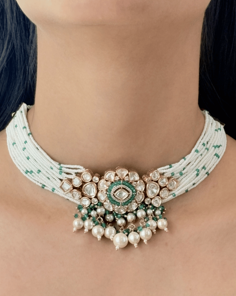 Rhea Rani Emerald Polki Choker With Pearl Drops
