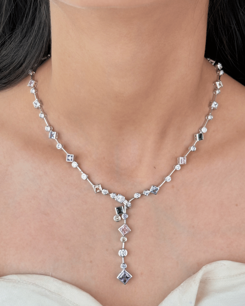 Pastel Multi Colour Diamond Necklace | Rhodium Plating