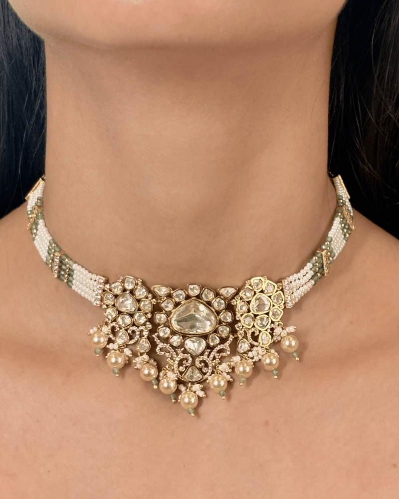 Ruhani Pearl Emerald Choker | 18K Gold Plating | Screw Back