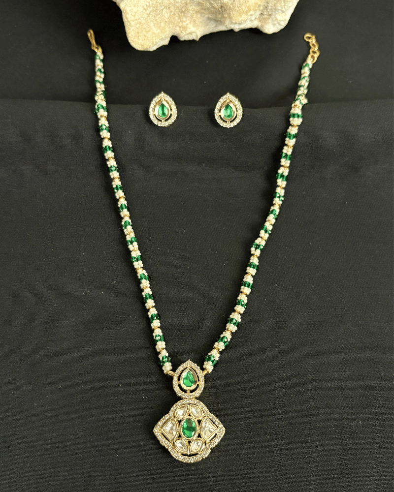Meherzam Emerald Polki Pendant Set | With Chain