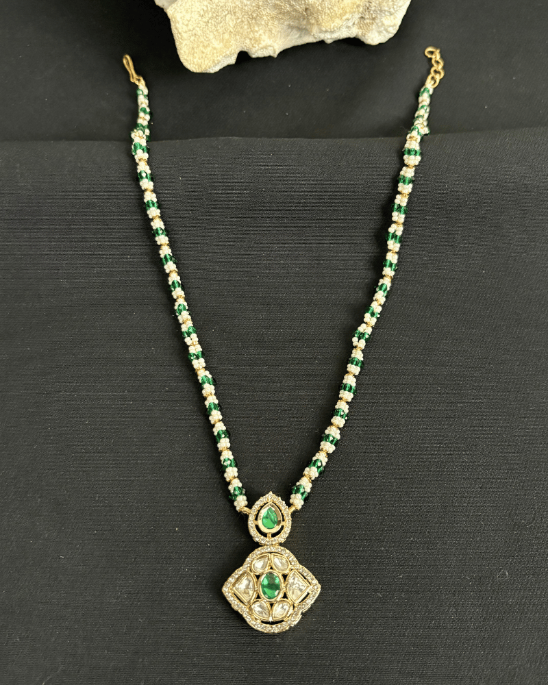 Meherzam Emerald Polki Pendant Set | With Chain