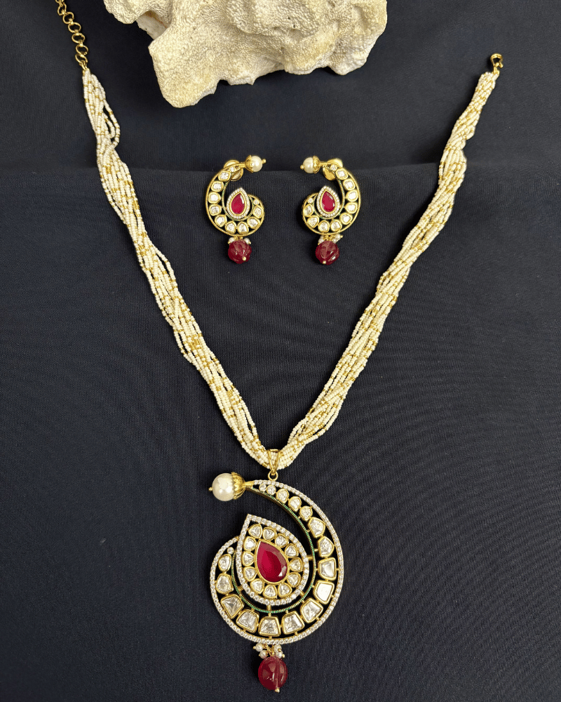 Shahi Leher Polki Necklace With Ruby Drop