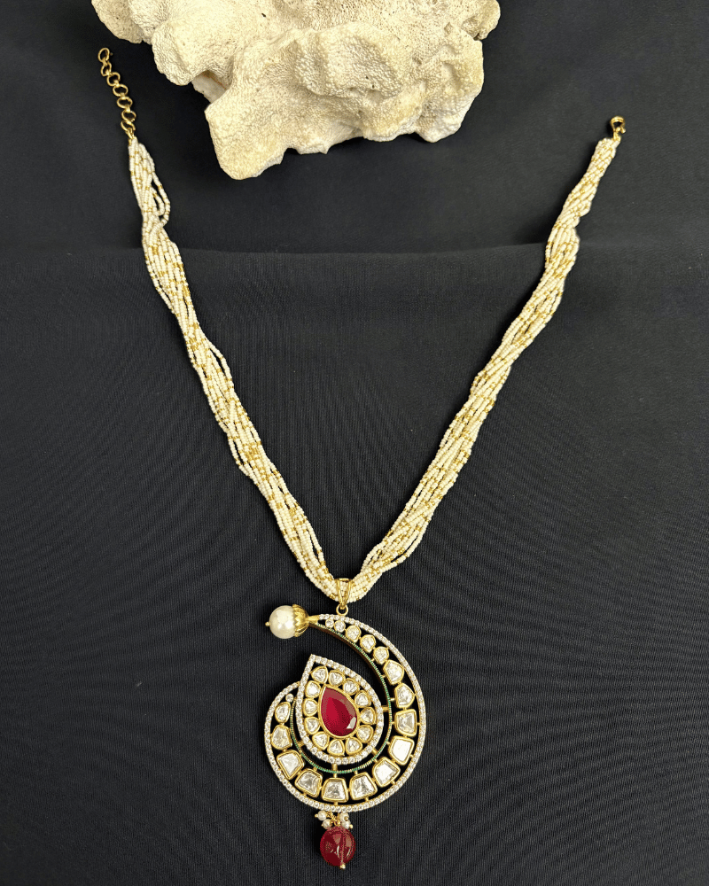 Shahi Leher Polki Necklace With Ruby Drop