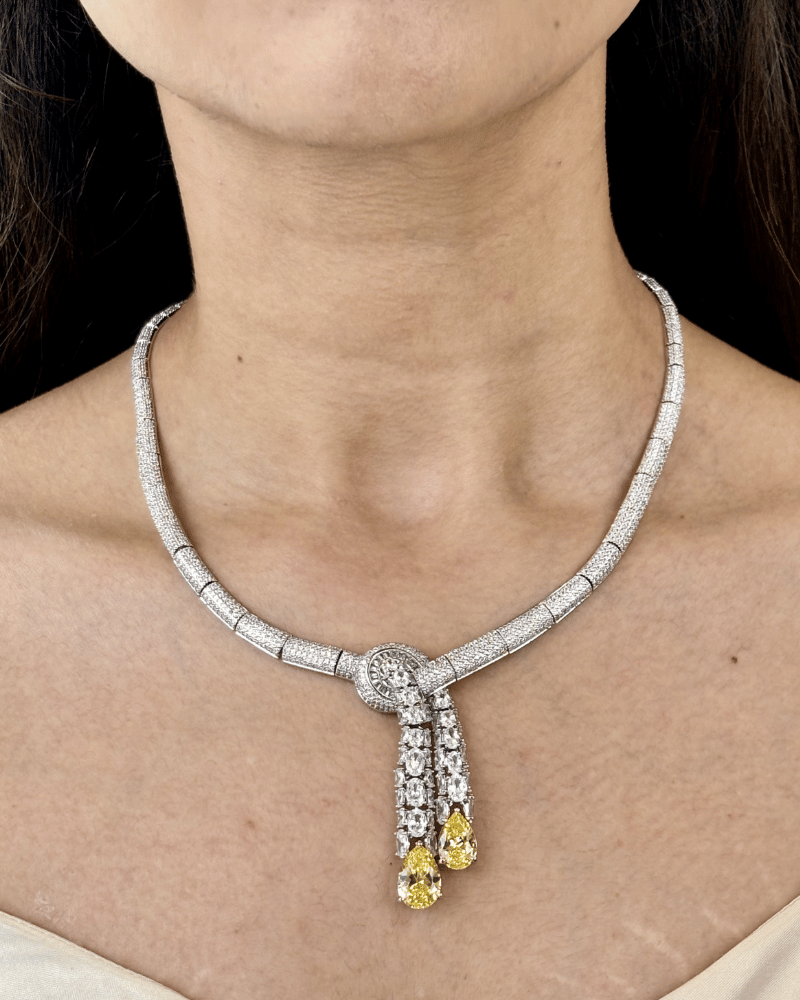 Citrine Crystal Duet Drop Diamond Necklace | Rhodium Plating