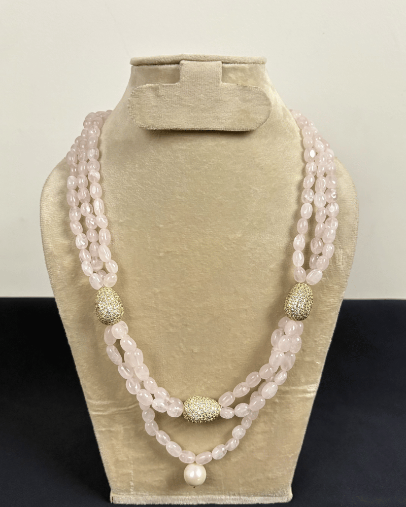 Pink Quartz Mala With Diamond Broaches