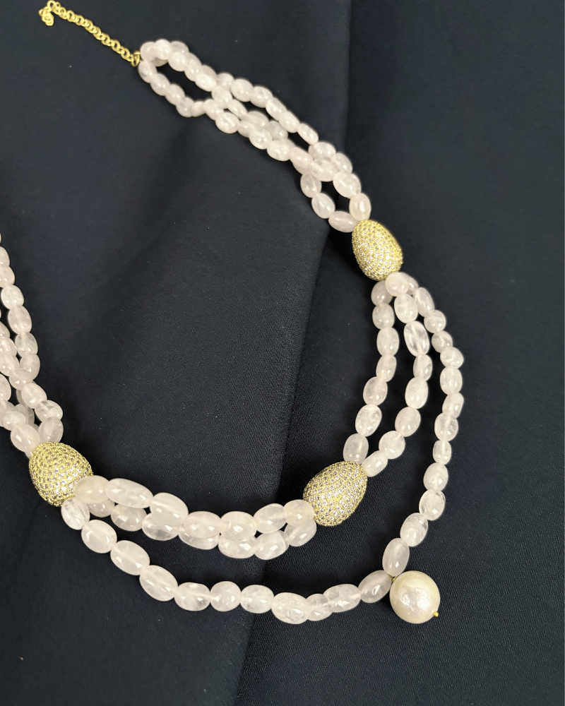 Pink Quartz Mala With Diamond Broaches