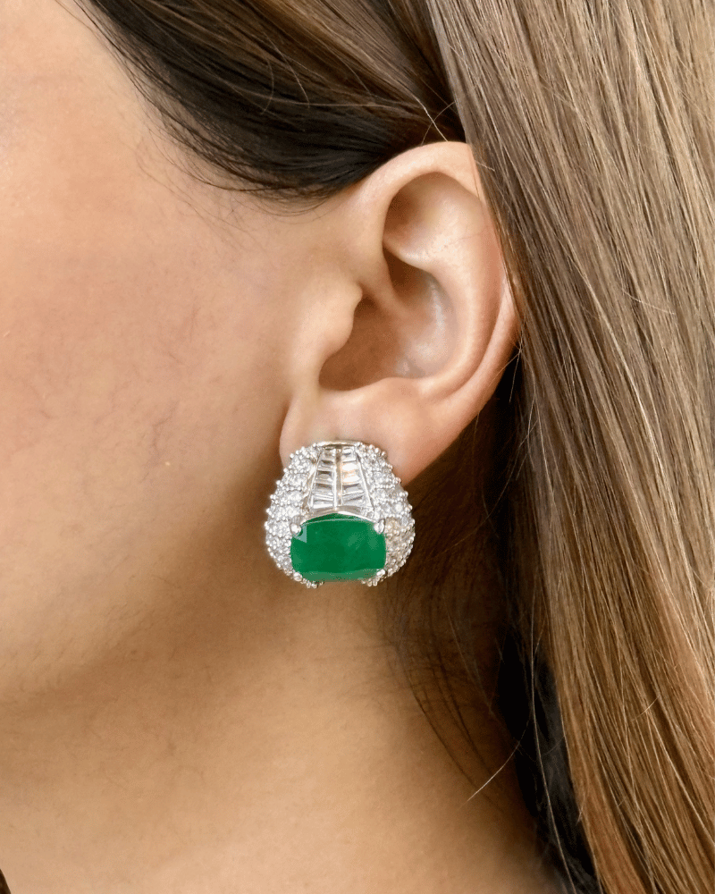 Raina Regal Emerald Crystal Studs | Rhodium Plating