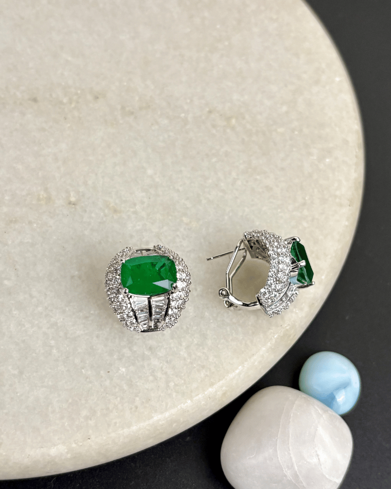 Raina Regal Emerald Crystal Studs | Rhodium Plating